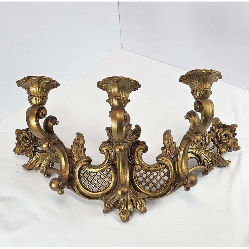 Vintage 1966 Hollywood Regency Gold Syroco 3 Arm Candle Wall Sconce Homco Style